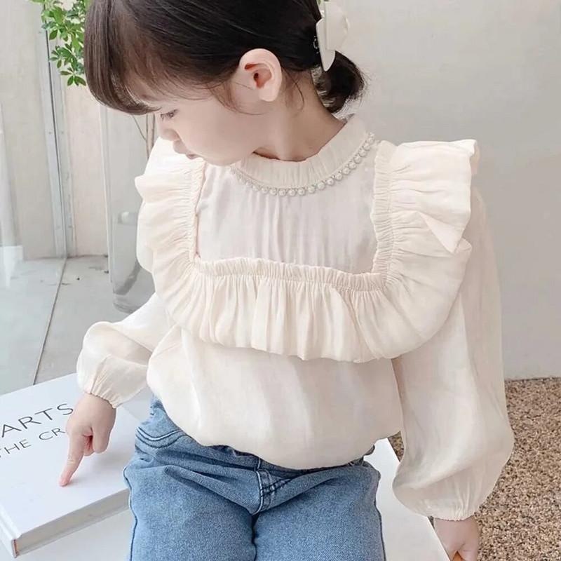 Tricouri pentru fetițe Bluze cu mâneci lungi pentru copii mici Cămașă din bumbac Topuri cu perle 2023, primăvară toamnă, haine în stil coreean pentru copii