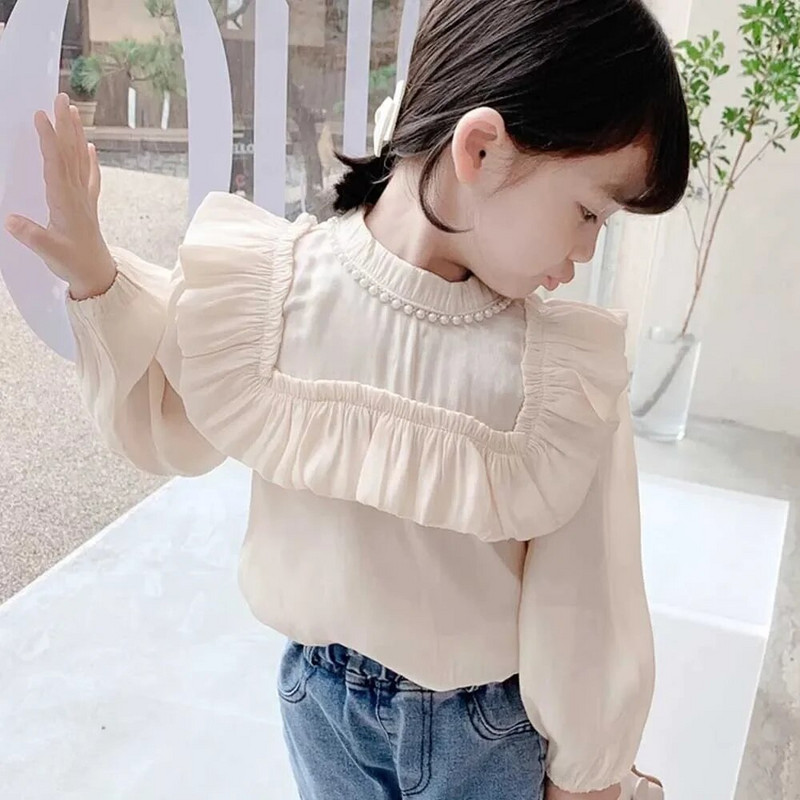 Tricouri pentru fetițe Bluze cu mâneci lungi pentru copii mici Cămașă din bumbac Topuri cu perle 2023, primăvară toamnă, haine în stil coreean pentru copii