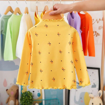 Тениска с висока яка за момичета Пролет и есен Детски памучни базови ризи с дълъг ръкав Бебешки детски дрехи Нови горни тениски WTB21