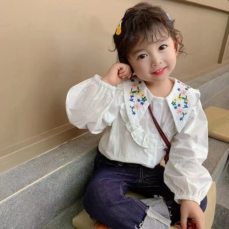 Haine pentru fetiță, cămăși de vară, tricou brodat drăguț cu mânecă lungă, bluză pentru fetițe, uniformă școlară, îmbrăcăminte pentru copii
