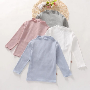 Памучни тениски за момичета 2023 г. Нови бебешки детски пролетни тениски с дълги ръкави и високи деколтета, горнища, термобельо