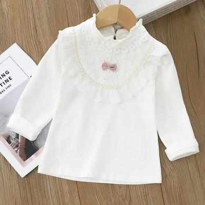 Bērnu Blūzes Krekli Skola Meitenēm Balti Topi Garām Piedurknēm Mežģīņu krekli Bērnu Krekls Mazuļu Toddler Pusaudžu Bērnu Apģērbi