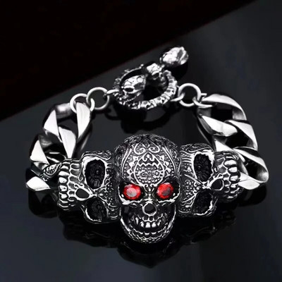 Gothic Garden Cvjetna narukvica s lubanjom Vintage Red Stone Eye Skull Manžeta Narukvica Motociklist Muški nakit
