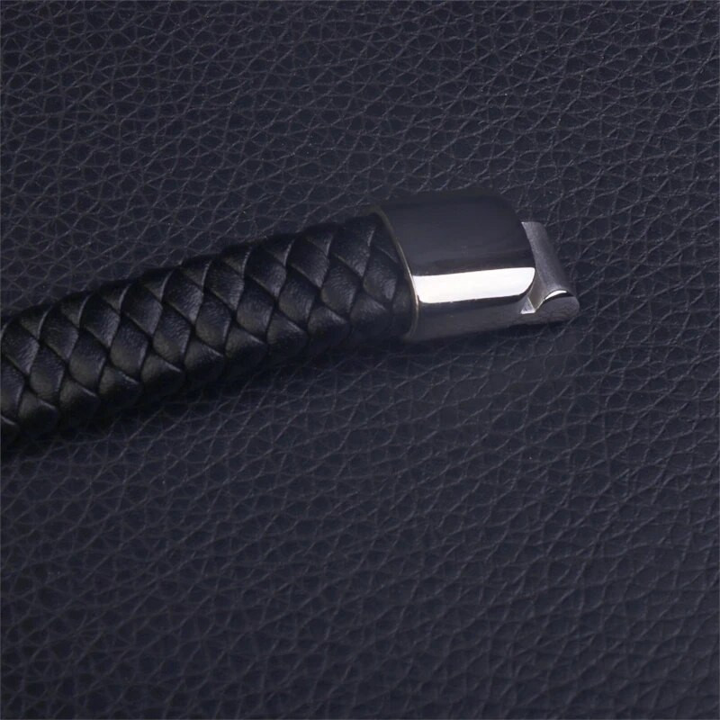 Clasic negru de înaltă calitate din piele împletită manual din oțel inoxidabil cu cataramă magnetică brățară farmec pentru bărbați, bijuterii casual, cadou