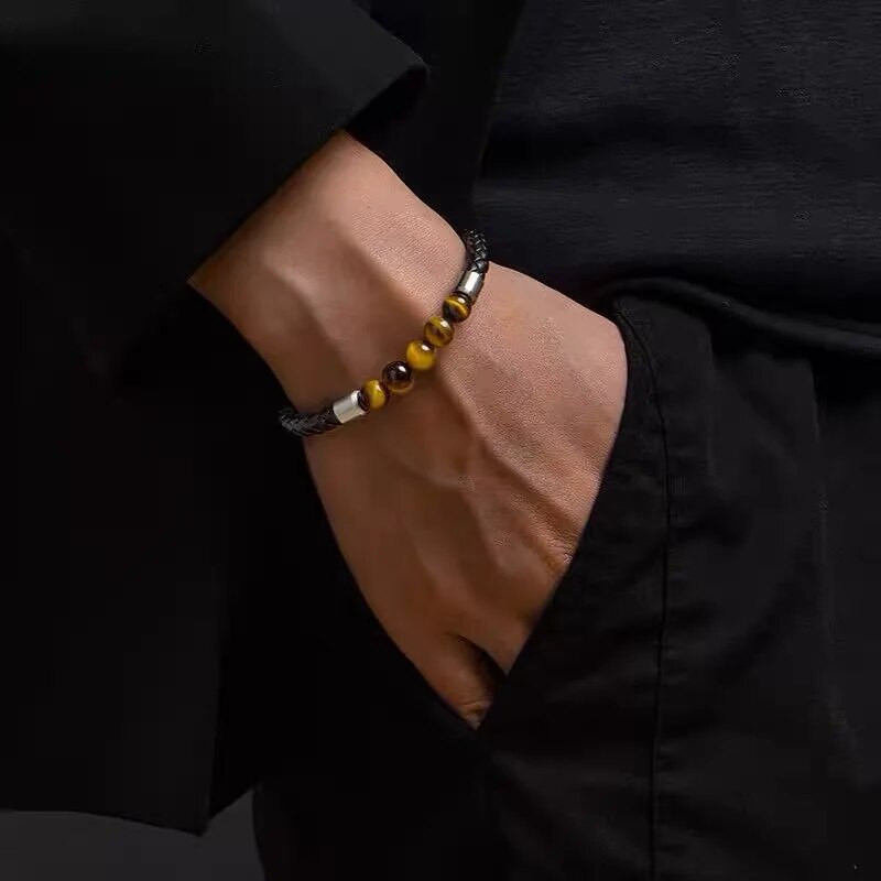 Brățară din piele de înaltă calitate, mărgele de piatră de chakră de lavă, brățări negre cu ochi de tigru, cu cataramă magnetică, brățări, împletitură, lanț de frânghie pentru bărbați