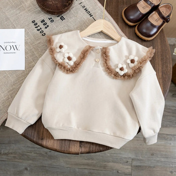 Пуловер за момичета, есен, нов корейски апликиран дантелен ръб, ревер, тениска с дълги ръкави, бебешки модерен пуловер, детско пролетно горнище