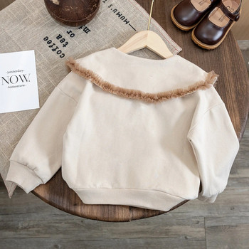 Пуловер за момичета, есен, нов корейски апликиран дантелен ръб, ревер, тениска с дълги ръкави, бебешки модерен пуловер, детско пролетно горнище