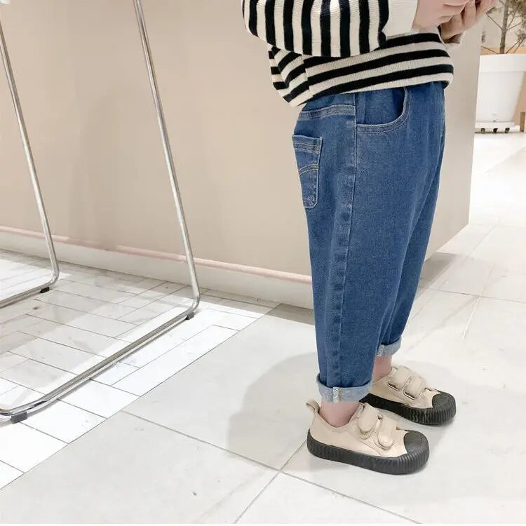 Bebeluș băiețel fetiță blugi largi Noua modă în stil coreean Blugi ocazional de culoare solidă, primăvară, toamnă, pantaloni din denim pentru copii, pentru 1-7 ani
