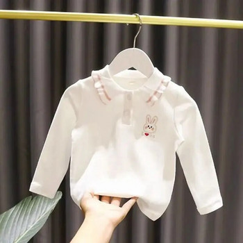 Горнища с дълъг ръкав за бебета и момичета Детска тениска със сладък заек с обърната яка, Детски памучни тениски с поло, Тениски за бебета, подходящи за 1-6 години
