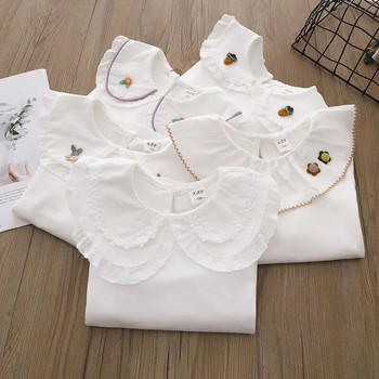 Детски ризи Ученически момичета Бели дантелени ризи с дълъг ръкав Детска риза Бебешки прохождащи тийнейджъри Ежедневни детски дрехи