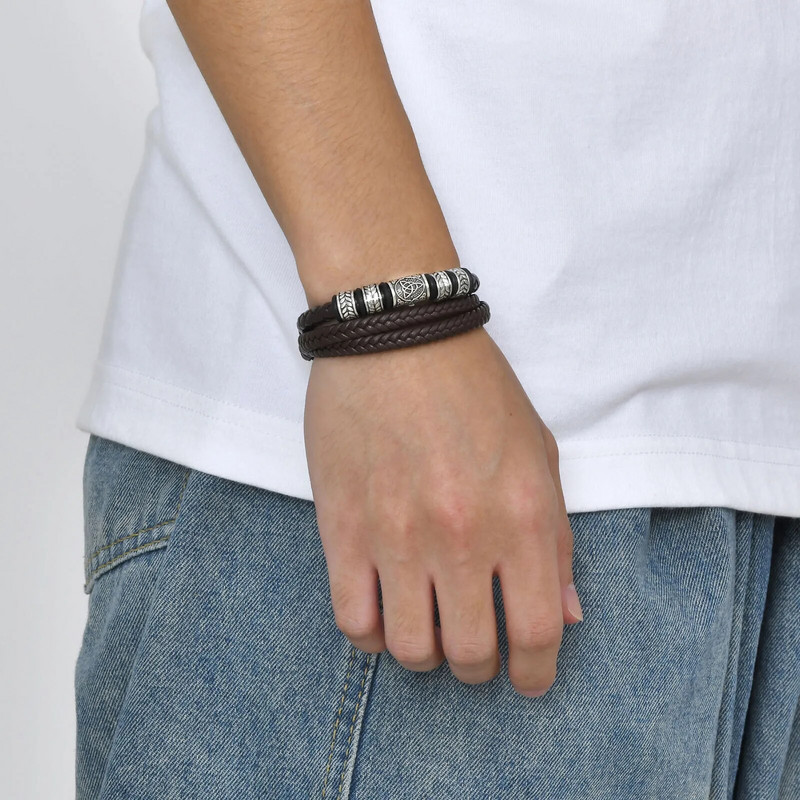 Mprainbow férfi kelta csomós varázskarkötők, 3 rétegű fekete fonott bőr kötéllánc csuklópánt, etnikai ajándékok neki ékszerek