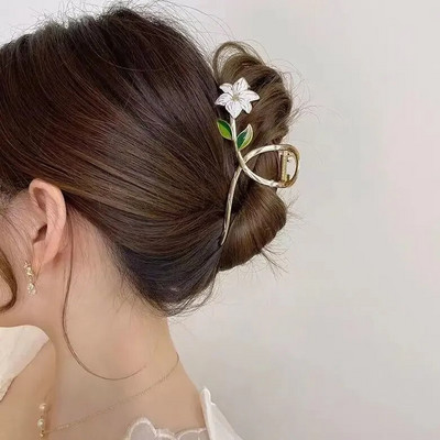 Új Női Fém Hair Claw Elegáns Arany Virágok Hajkapcsok Barrette Rák fejpánt Lófarok Clip Fejfedő haj kiegészítők tiara