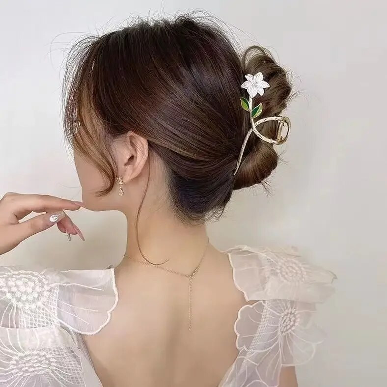 Új Női Fém Hair Claw Elegáns Arany Virágok Hajkapcsok Barrette Rák fejpánt Lófarok Clip Fejfedő haj kiegészítők tiara