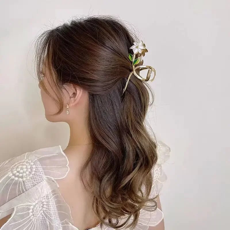 Új Női Fém Hair Claw Elegáns Arany Virágok Hajkapcsok Barrette Rák fejpánt Lófarok Clip Fejfedő haj kiegészítők tiara