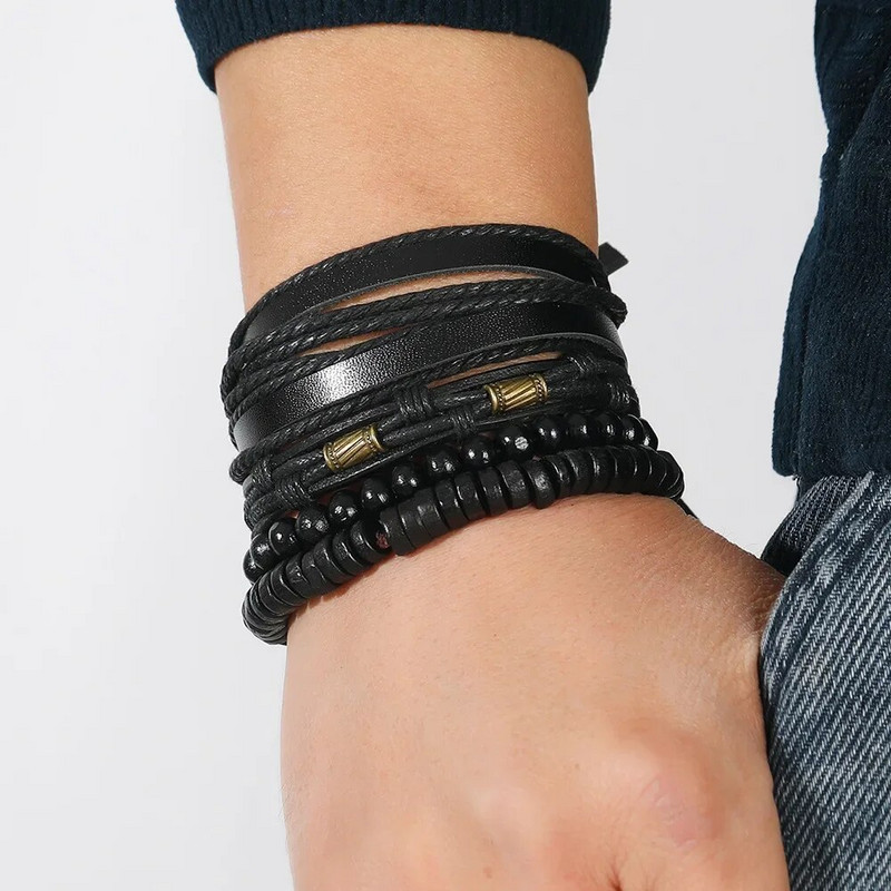 Brățară țesătă din piele pentru bărbați retro, set de mărgele cu mai multe straturi, costum, bijuterii, brățară, bijuterii punk, brățară cu farmec pentru bărbați