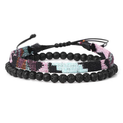 Brățară împletită în stil boem, combinație de piatră vulcanică de lavă pentru bărbați Brățară realizată manual din țesătură retro