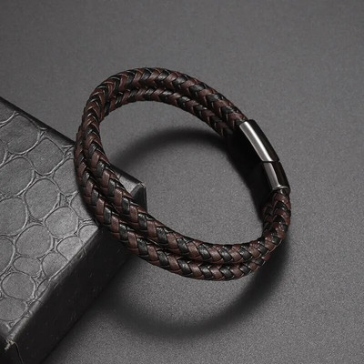 Brățară din piele dublă împletită pentru bărbați cu închidere magnetică Bijuterii Moda Vintage Cadouri de afaceri premium pentru bărbați