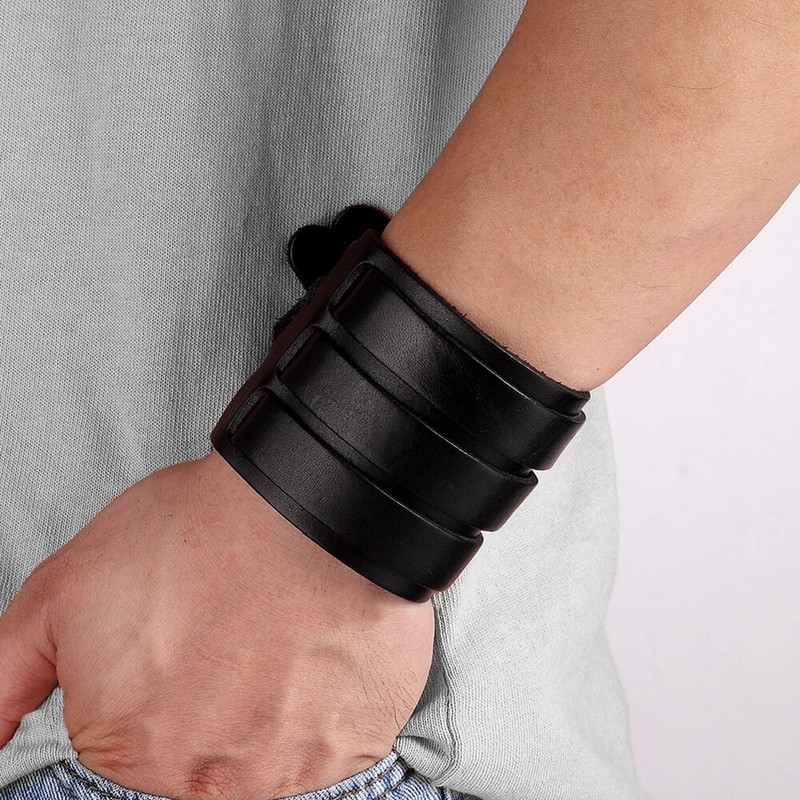 TYO Classic Brățară din piele naturală reglabilă pentru bărbați și băieți Bijuterii punk rock negru/maro Brățări de ceas cu trei straturi