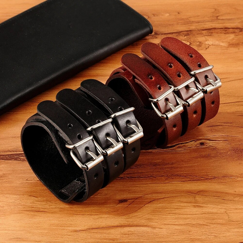 TYO Classic Brățară din piele naturală reglabilă pentru bărbați și băieți Bijuterii punk rock negru/maro Brățări de ceas cu trei straturi