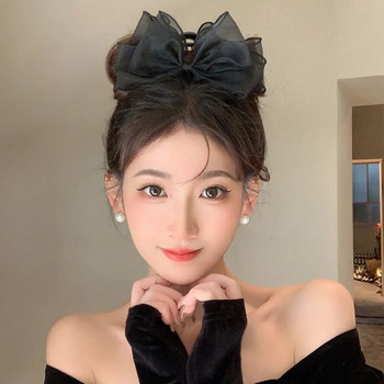 TwinkLei Elegant Lady Black Bowknot Hair Clocks Големи кадифени шифонени щипки за коса с панделка Винтидж аксесоари за коса Корейски дамски фиби