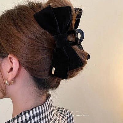 TwinkLei Elegant Lady Black Bowknot Hair Clocks Големи кадифени шифонени щипки за коса с панделка Винтидж аксесоари за коса Корейски дамски фиби