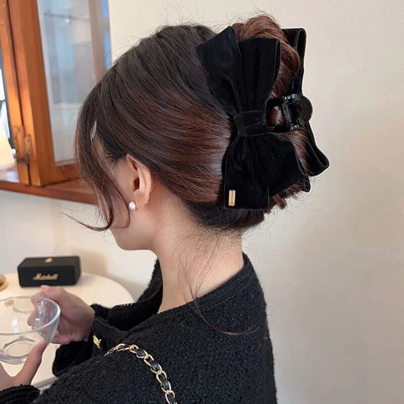 TwinkLei Κομψό Γυναικείο Μαύρο Πιογκονάκι Νύχια Μαλλιά Μεγάλο Βελούδινο Σιφόν Φιόγκος Κλιπ μαλλιών Vintage Αξεσουάρ Μαλλιών Κορεάτικες Γυναικείες φουρκέτες