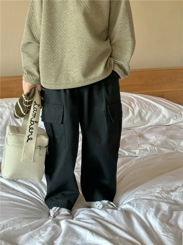 Gyermek nadrágok 2023 ősz új koreai fiúk oldalzsebek alkalmi nadrágok baba mosó pamut nadrág gyerek ruhák fiúk