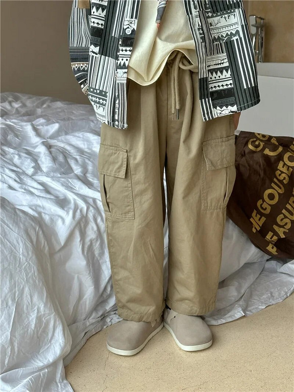 Gyermek nadrágok 2023 ősz új koreai fiúk oldalzsebek alkalmi nadrágok baba mosó pamut nadrág gyerek ruhák fiúk