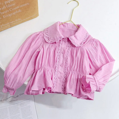 Tricouri pentru fetițe Topuri Bluză cu mânecă lungă din dantelă coreeană Îmbrăcăminte pentru copii primăvară toamnă Cămăși cu fundul fetiței pentru copii 1-6 ani