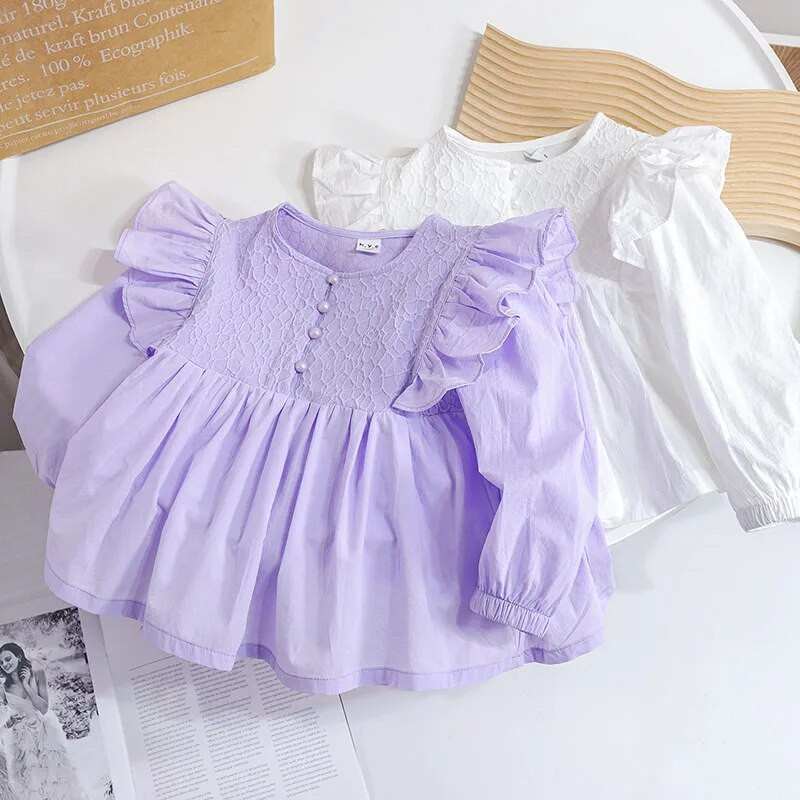 Tricouri pentru fetițe Topuri Bluză cu mânecă lungă din dantelă coreeană Îmbrăcăminte pentru copii primăvară toamnă Cămăși cu fundul fetiței pentru copii 1-6 ani