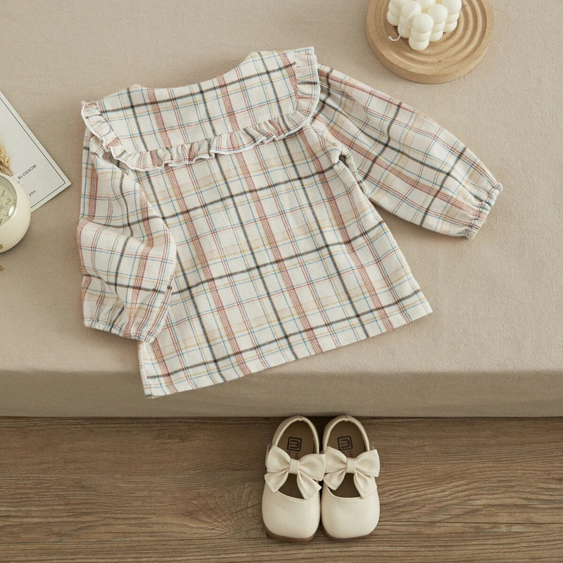 VISgogo Mala djeca Djevojčice Slatke bluze Karirane/jednobojne ovratnike za lutke Košulje dugih rukava Proljeće Jesen Moda Ležerne majice