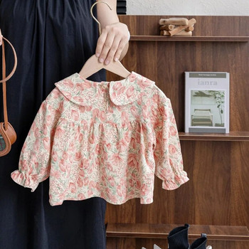 2023 г. Корея Бебешки момичета Есенни дрехи Прекрасна блуза на цветя за момичета Прохождащо момиче Флорална блуза Лолита Детски ризи Перлени ревери