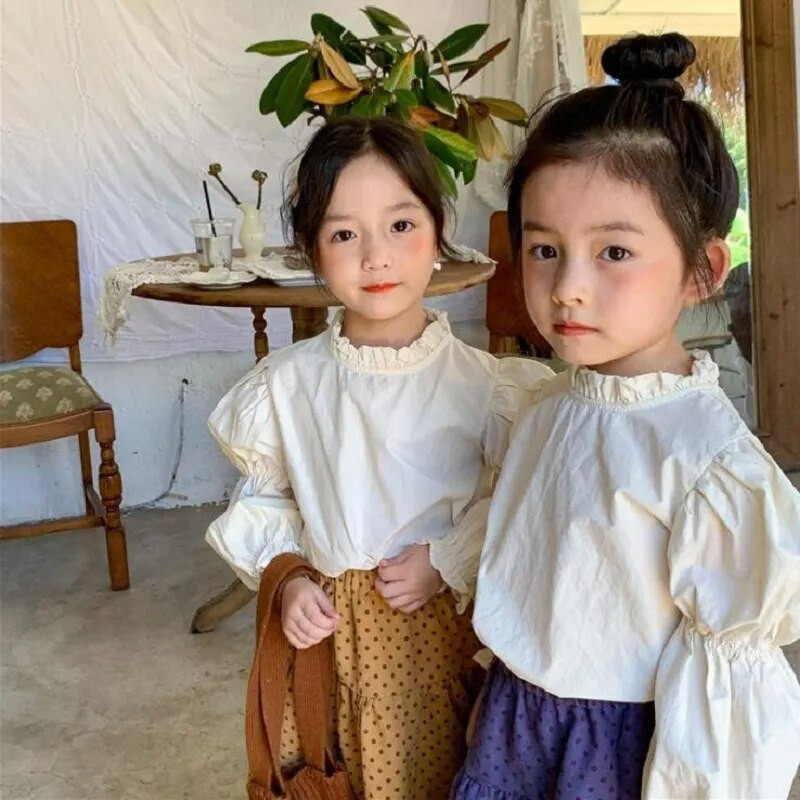 Cămașă din bumbac pentru fetiță la modă, cu mâneci bufante, bluze cu mânecă lungă, toamnă, primăvară, pentru bebeluși, 1-7 ani