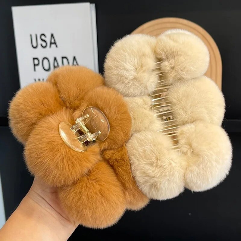 Žiemos triušio kailio krabų plaukų segtukas moterims Elegantiškos pliušinės plaukų letenos, didelės ryklio segtukas Galvos apdangalai Madingi plaukų priedai