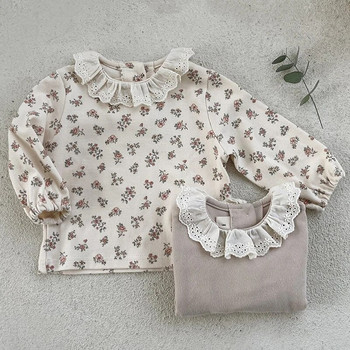 2024 Baby girls μακρυμάνικη μπλούζα με βολάν, μπλούζα για κορίτσια, ανοιξιάτικα casual λουλούδια, παιδική μπλούζα, χαριτωμένη δαντέλα με διπλό γιακά