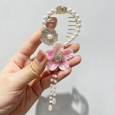 Cvjetna kopča za kosu s resicama Žene Dame Leptir Rhinestone Biser Metalna kandža za kosu Okrugla punđa Držač za rep Dodaci za kosu