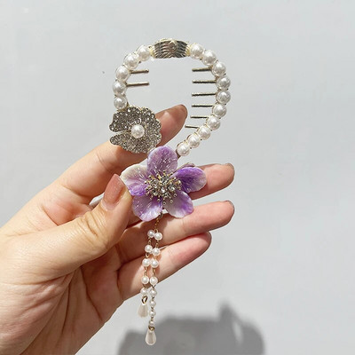 Cvjetna kopča za kosu s resicama Žene Dame Leptir Rhinestone Biser Metalna kandža za kosu Okrugla punđa Držač za rep Dodaci za kosu