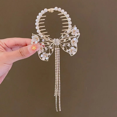 Cvjetna kopča za kosu s resicama Žene Dame Leptir Rhinestone Biser Metalna kandža za kosu Okrugla punđa Držač za rep Dodaci za kosu