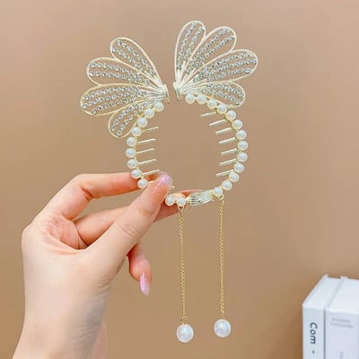 Cvjetna kopča za kosu s resicama Žene Dame Leptir Rhinestone Biser Metalna kandža za kosu Okrugla punđa Držač za rep Dodaci za kosu