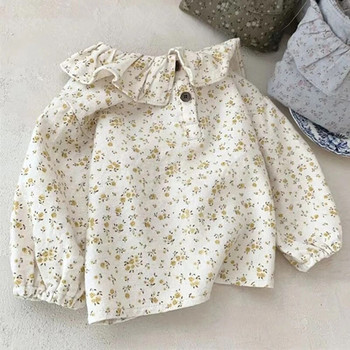 Детска ретро риза с волани и яка с волани Пуловер Свободни тениски с буф ръкави Бебешки момичета Универсални памучни сладки меки дрехи