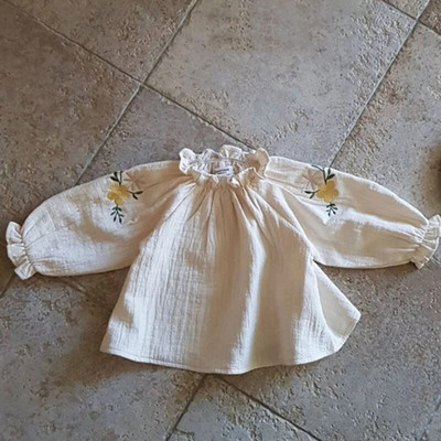 Dječja vintage košulja s naboranim ovratnikom Pulover širokih puf rukava Majica kratkih rukava za djevojčice Svestrana pamučna slatka mekana odjeća