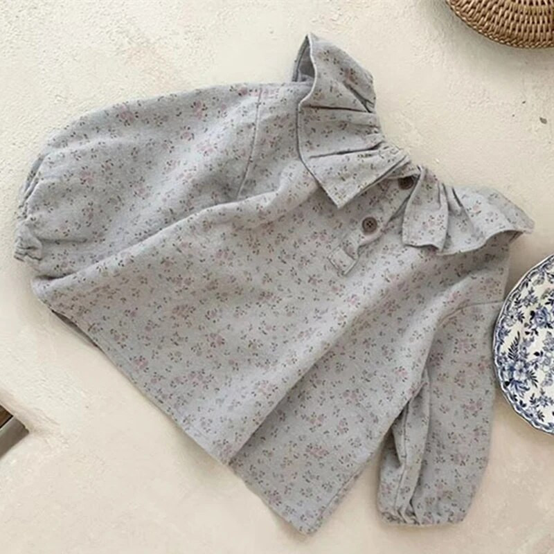 Dječja vintage košulja s naboranim ovratnikom Pulover širokih puf rukava Majica kratkih rukava za djevojčice Svestrana pamučna slatka mekana odjeća
