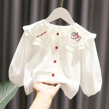 Риза за момичета Пролет и есен 2023 Нова поло яка Бяла риза с дълъг ръкав от чист памук Детска горна блуза за момичета