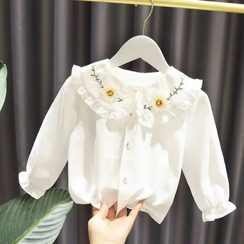 Риза за момичета Пролет и есен 2023 Нова поло яка Бяла риза с дълъг ръкав от чист памук Детска горна блуза за момичета