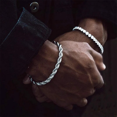 Χιπ χοπ πλάτους 3/4mm από ανοξείδωτο ατσάλι κοντό βραχιόλι με αλυσίδα από σχοινί για άνδρες Homme Simple Punk Chain on Hand Fashion Rapper Jewelry