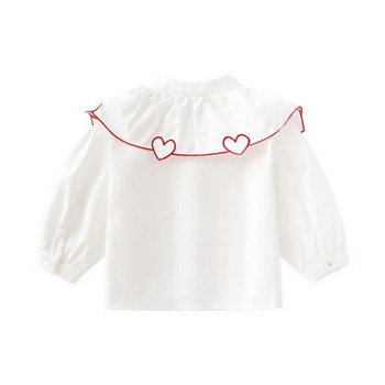 Есенни нови детски ризи за момичета Корейски стил Любовна яка Памучна риза Модна бяла блуза с дълъг ръкав Детски дрехи E0529