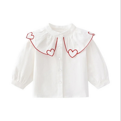 Őszi új gyerek lány ingek Koreai stílusú szerelem gallér pamut ing divat hosszú ujjú fehér blúz gyermekruházat E0529