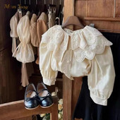 Moda fetiță bluze din bumbac guler din dantelă pentru bebeluși fetiță cămașă de culoare solidă cu mânecă lungă Top Haine pentru bebeluși 1-10 ani