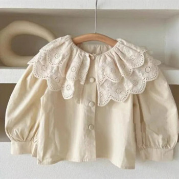 Модни памучни блузи за момичета с дантелена яка Бебешко момиченце Pincess Едноцветна риза с дълъг ръкав Топ Бебешки дрехи 1-10 г.