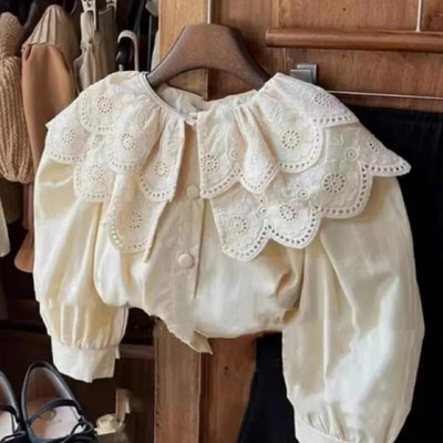 Moda fetiță bluze din bumbac guler din dantelă pentru bebeluși fetiță cămașă de culoare solidă cu mânecă lungă Top Haine pentru bebeluși 1-10 ani